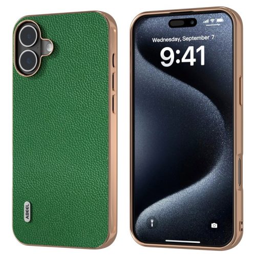 ABEEL For iPhone 16 Case Genuine Cow Leather+PC+TPU Electroplating Phone Cover - Green