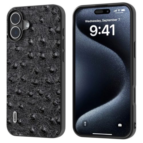 ABEEL For iPhone 16 Case Genuine Cow Leather+PC+TPU Phone Cover Ostrich Texture - Black