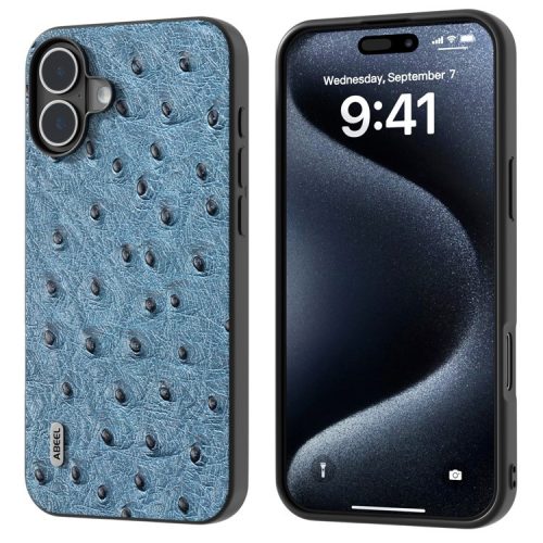 ABEEL For iPhone 16 Case Genuine Cow Leather+PC+TPU Phone Cover Ostrich Texture - Blue