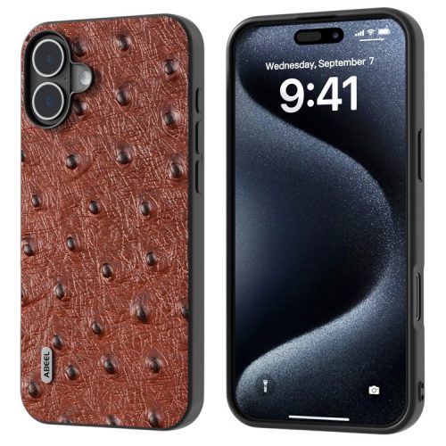 ABEEL For iPhone 16 Case Genuine Cow Leather+PC+TPU Phone Cover Ostrich Texture - Coffee