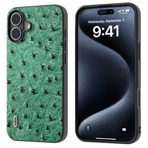 ABEEL For iPhone 16 Case Genuine Cow Leather+PC+TPU Phone Cover Ostrich Texture - Green