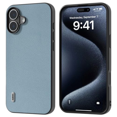 ABEEL For iPhone 16 Case Litchi Texture Genuine Cow Leather Hybrid Phone Cover - Baby Blue