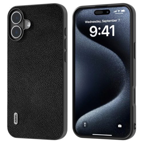 ABEEL For iPhone 16 Case Litchi Texture Genuine Cow Leather Hybrid Phone Cover - Black