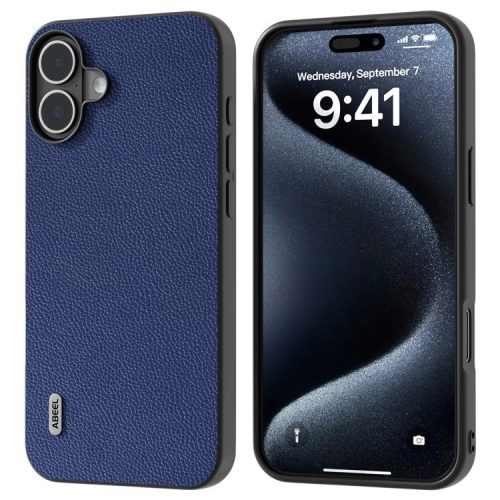 ABEEL For iPhone 16 Case Litchi Texture Genuine Cow Leather Hybrid Phone Cover - Blue