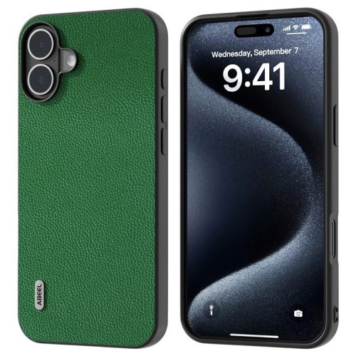 ABEEL For iPhone 16 Case Litchi Texture Genuine Cow Leather Hybrid Phone Cover - Green