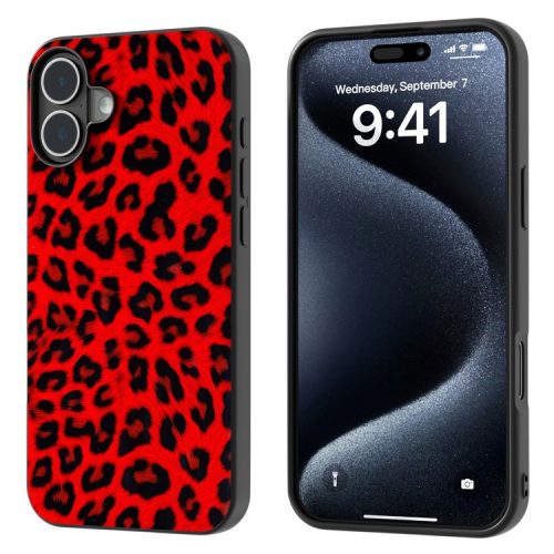 ABEEL For iPhone 16 Case PU Leather Coated TPU Leopard Phone Cover - Red