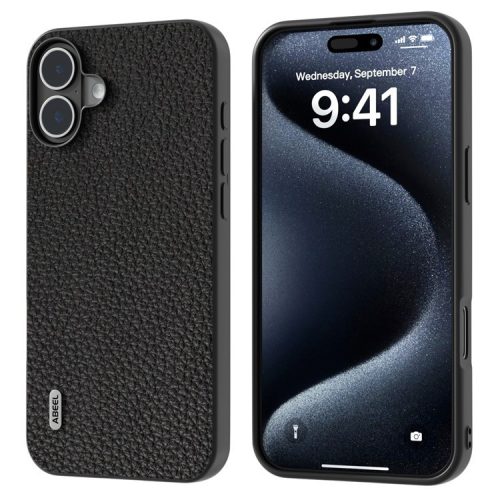 ABEEL For iPhone 16 Case TPU+Genuine Cow Leather Protective Phone Cover - Black