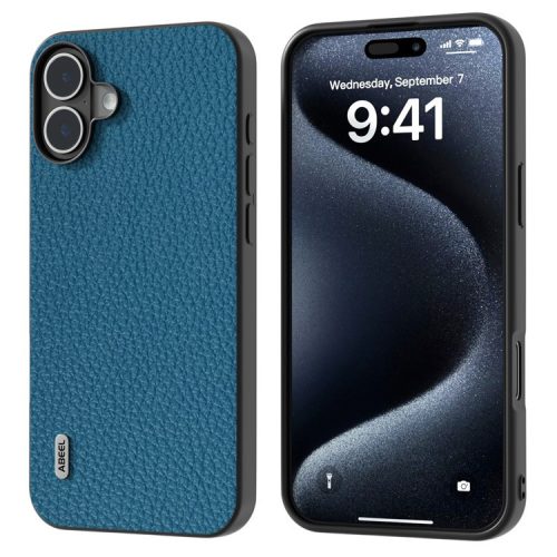 ABEEL For iPhone 16 Case TPU+Genuine Cow Leather Protective Phone Cover - Blue