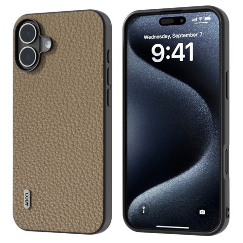 ABEEL For iPhone 16 Case TPU+Genuine Cow Leather Protective Phone Cover - Brown