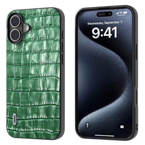 ABEEL For iPhone 16 Cases Genuine Cow Leather+PC+TPU Drop-Proof Cell Phone Cover - Green