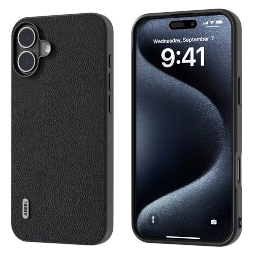 ABEEL For iPhone 16 Cases Genuine Cow Leather+PC+TPU Phone Cover - Black