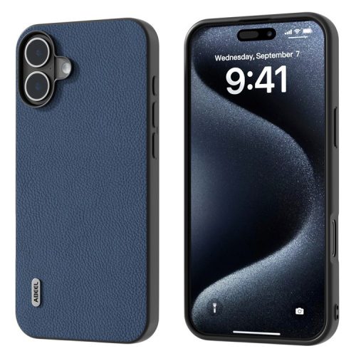 ABEEL For iPhone 16 Cases Genuine Cow Leather+PC+TPU Phone Cover - Blue