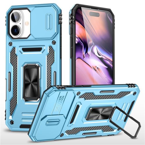 Armor Series For iPhone 16 Case Kickstand Slide Lens Lid PC+TPU Drop-proof Phone Cover - Baby Blue