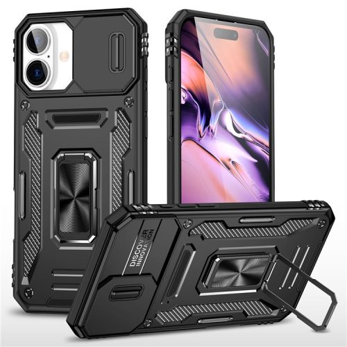 Armor Series For iPhone 16 Case Kickstand Slide Lens Lid PC+TPU Drop-proof Phone Cover - Black