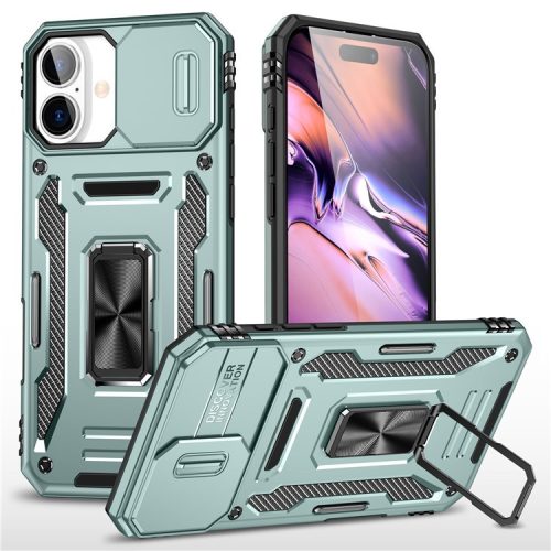 Armor Series For iPhone 16 Case Kickstand Slide Lens Lid PC+TPU Drop-Proof Phone Cover - Green