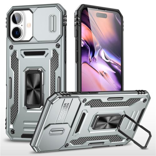 Armor Series For iPhone 16 Case Kickstand Slide Lens Lid PC+TPU Drop-proof Phone Cover - Grey