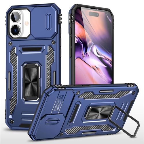 Armor Series For iPhone 16 Case Kickstand Slide Lens Lid PC+TPU Drop-proof Phone Cover - Navy Blue