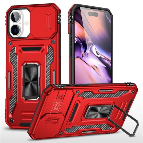 Armor Series For iPhone 16 Case Kickstand Slide Lens Lid PC+TPU Drop-proof Phone Cover - Red