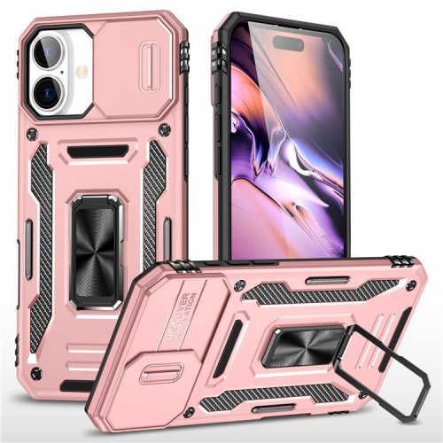 Armor Series For iPhone 16 Case Kickstand Slide Lens Lid PC+TPU Drop-proof Phone Cover - Rose Gold