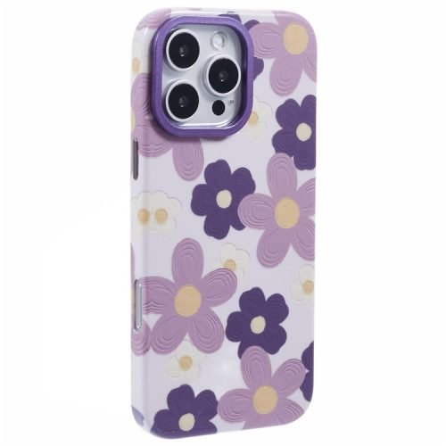 ARU For iPhone 16 Case Oil Painting Design PC+TPU Noctilucent Phone Cover - Purple Flowers