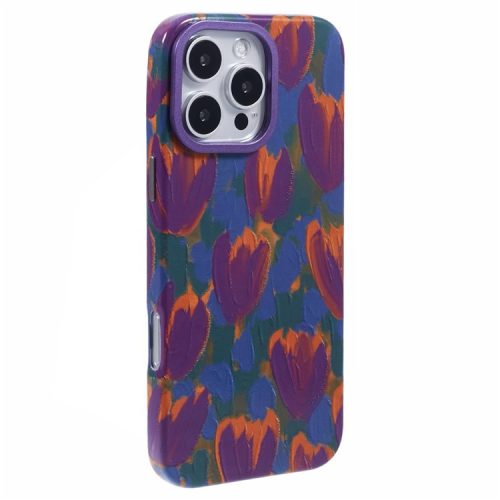 ARU For iPhone 16 Case Oil Painting Design PC+TPU Noctilucent Phone Cover - Purple Tulips