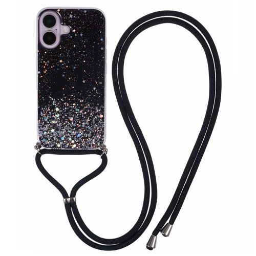 AW Series For iPhone 16 Case Cute Bling TPU Epoxy Phone Cover with Lanyard - Black