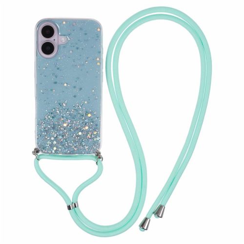 AW Series For iPhone 16 Case Cute Bling TPU Epoxy Phone Cover with Lanyard - Green