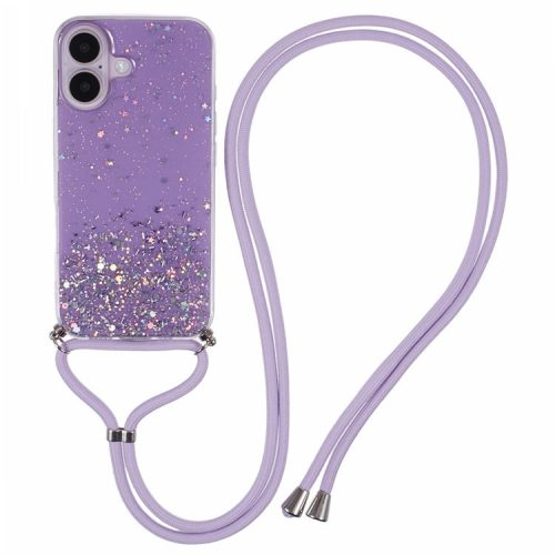 AW Series For iPhone 16 Case Cute Bling TPU Epoxy Phone Cover with Lanyard - Purple