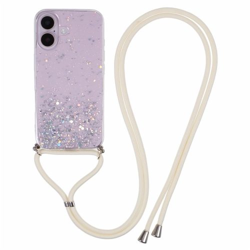 AW Series For iPhone 16 Case Cute Bling TPU Epoxy Phone Cover with Lanyard - White