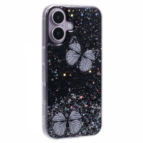 AW Series For iPhone 16 Case Glitter Bling PVC Butterfly TPU Shockproof Phone Cover - Black