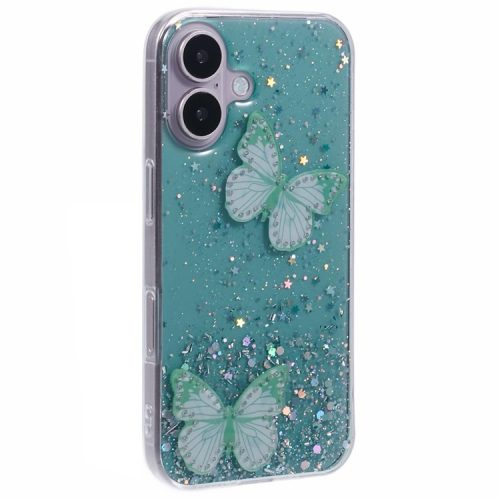 AW Series For iPhone 16 Case Glitter Bling PVC Butterfly TPU Shockproof Phone Cover - Green