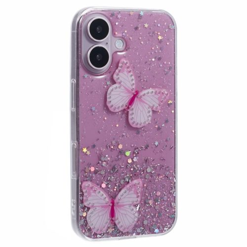 AW Series For iPhone 16 Case Glitter Bling PVC Butterfly TPU Shockproof Phone Cover - Pink