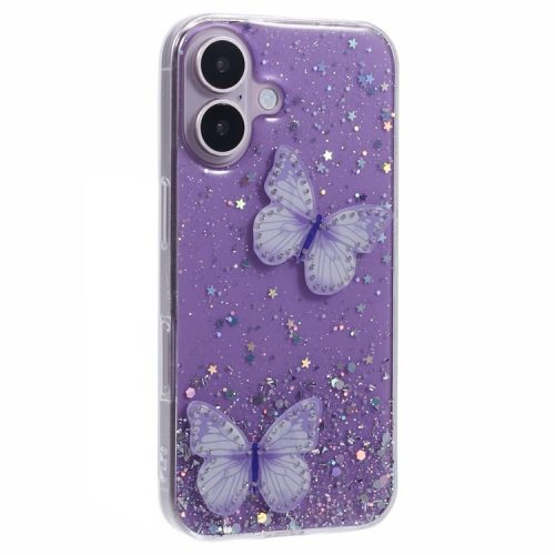 AW Series For iPhone 16 Case Glitter Bling PVC Butterfly TPU Shockproof Phone Cover - Purple