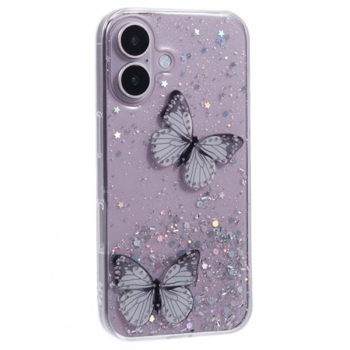 AW Series For iPhone 16 Case Glitter Bling PVC Butterfly TPU Shockproof Phone Cover - White