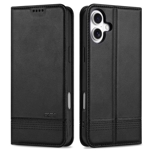 AZNS For iPhone 16 Case Cowhide Texture PU Leather Wallet Phone Cover - Black