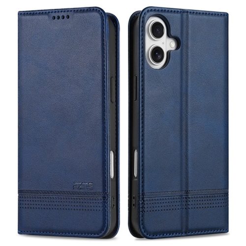 AZNS For iPhone 16 Case Cowhide Texture PU Leather Wallet Phone Cover - Blue