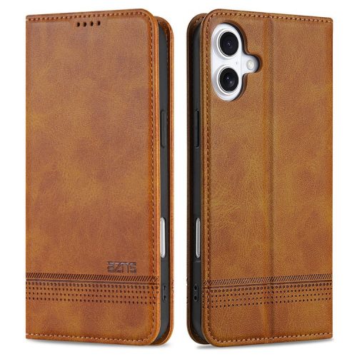 AZNS For iPhone 16 Case Cowhide Texture PU Leather Wallet Phone Cover - Brown