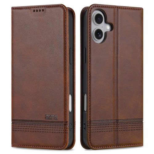 AZNS For iPhone 16 Case Cowhide Texture PU Leather Wallet Phone Cover - Coffee