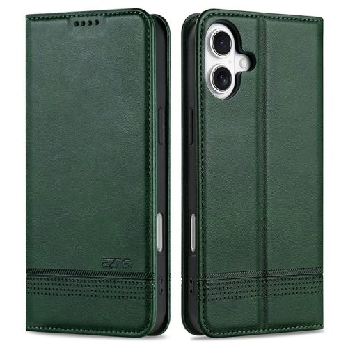 AZNS For iPhone 16 Case Cowhide Texture PU Leather Wallet Phone Cover - Green