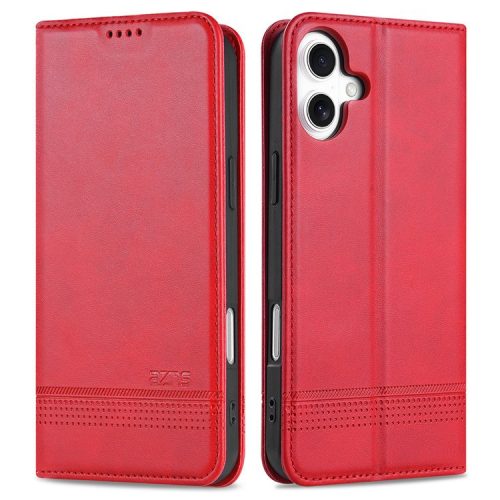 AZNS For iPhone 16 Case Cowhide Texture PU Leather Wallet Phone Cover - Red