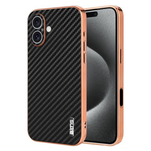 AZNS For iPhone 16 Case Electroplating Carbon Fiber Texture PU+TPU Phone Cover - Black