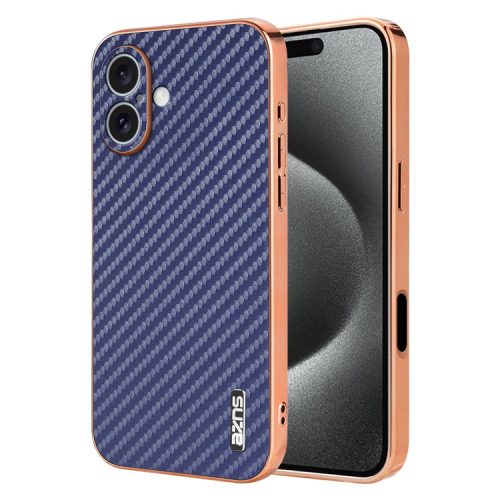 AZNS For iPhone 16 Case Electroplating Carbon Fiber Texture PU+TPU Phone Cover - Blue