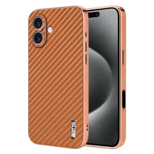 AZNS For iPhone 16 Case Electroplating Carbon Fiber Texture PU+TPU Phone Cover - Brown