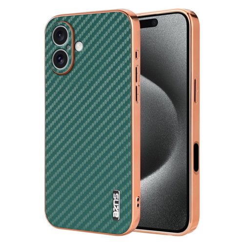 AZNS For iPhone 16 Case Electroplating Carbon Fiber Texture PU+TPU Phone Cover - Green