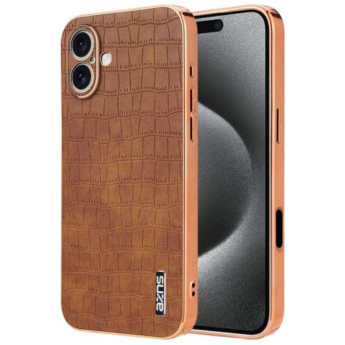 AZNS For iPhone 16 Case Electroplating Crocodile Texture PU+TPU Phone Cover - Brown