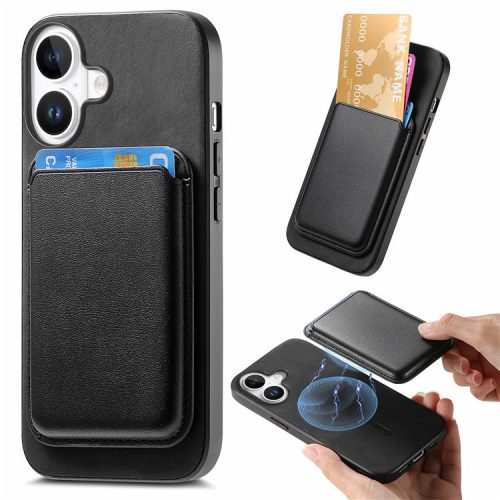 B2 For iPhone 16 Case Detachable Magnetic Card Bag Leather+TPU Phone Cover - Black