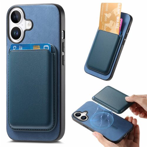 B2 For iPhone 16 Case Detachable Magnetic Card Bag Leather+TPU Phone Cover - Blue