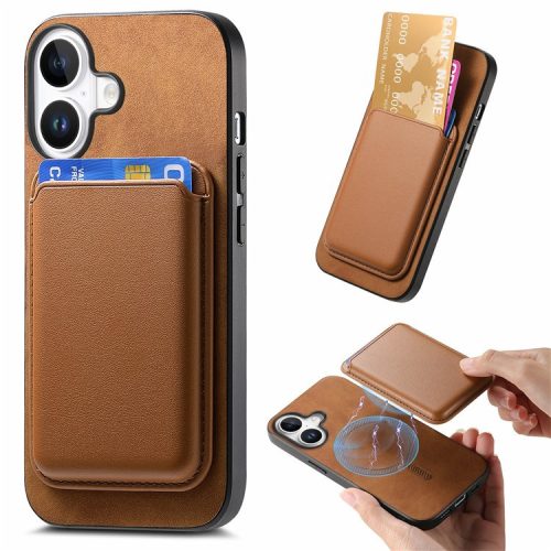 B2 For iPhone 16 Case Detachable Magnetic Card Bag Leather+TPU Phone Cover - Brown