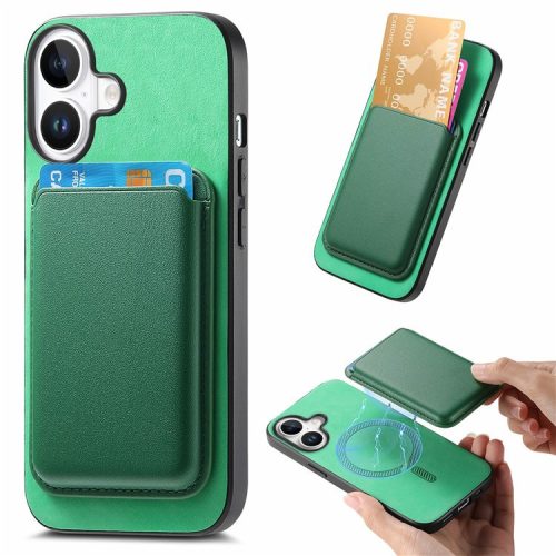 B2 For iPhone 16 Case Detachable Magnetic Card Bag Leather+TPU Phone Cover - Green