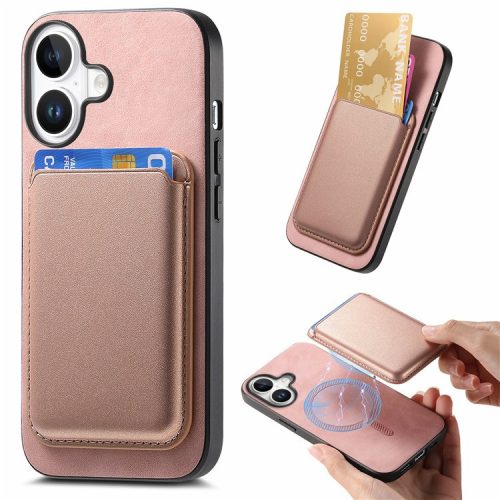 B2 For iPhone 16 Case Detachable Magnetic Card Bag Leather+TPU Phone Cover - Pink